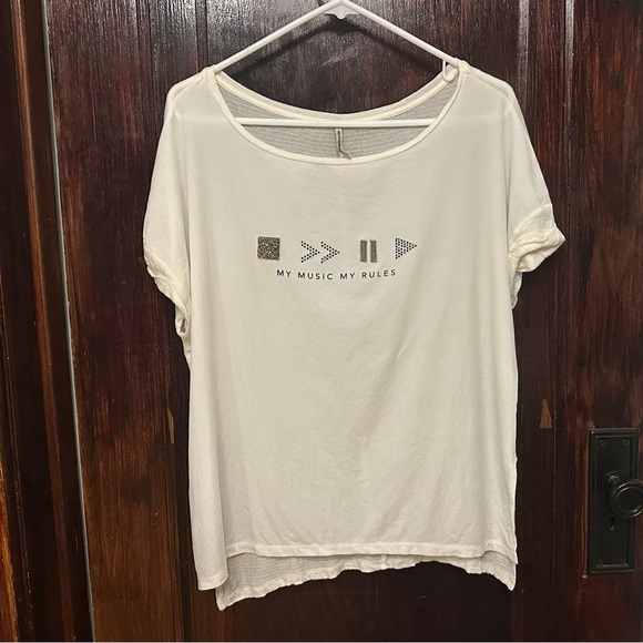 Stradivarius "My Music My Rules," cassette design flowy blouse gems rhinestones - Picture 2 of 10